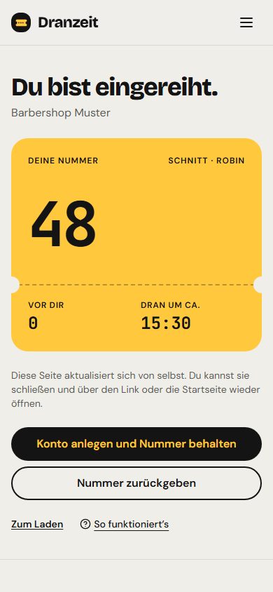 So sieht ein Kunde seine Nummer: wie viele vor ihm sind und wann er ungefähr dran ist.