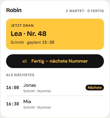 Nach dem Aufrufen: Lea ist dran, der Knopf heißt jetzt „Fertig – nächste Nummer“.